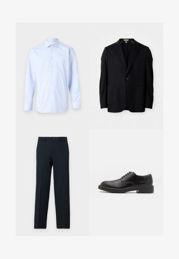 Zwarte enkelknop blazer met notch revers, drie opgestikte zakken en een knoopsluiting, tentoongesteld op een witte achtergrond.; Lichtblauw en witte gestreepte langhouthals-shirt met een klassieke kraag, knopen aan de voorkant en manchetten, gemaakt van een gladde stof.; Zwarte slim-fit broek met knoop- en ritssluiting, ceintuurlussen en rechte pijp.; Zwarte leren veterschoen met een ronde neus, een gladde textuur, minimale stiksels en een lage rubberen hak. Logo op de hak.