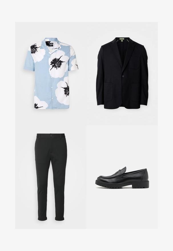 Schwarzes einstelliges Blazer mit Reverskragen, drei aufgesetzten Taschen und einem Knopfverschluss, vor einem weißen Hintergrund präsentiert.; Kurzarm-Hemd aus leichtblauem Stoff mit großen weißen Blumen und schwarzen Akzenten. Mit einem Camp-Kragen und lässiger Passform.; Schwarze Hose aus einem glatten Stoff mit geradem Schnitt. Besitzt einen einzelnen Knopfverschluss und umgeschlagene Bündchen.; Schwarze Lederloafers mit runder Zehenform, eleganter Schlupfdesign und dicker Gummisohle mit strukturiertem Griff. Erhöhter Absatz und dezente Nähdetails.