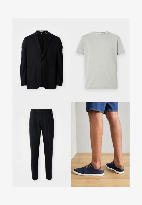 Sort enkeltstående blazer med revers og notcher, tre påsyede lommer og en knaplukning, præsenteret på en hvid baggrund.; Lys grå kortærmet t-shirt med et struktureret mønster, rund hals og lige kant. Fremstillet af blødt, åndbart stof.; Sorte skræddersyede bukser med frontfald, knaplukning og bæltestropper, præsenteret på en hvid baggrund.; Marineblå lærreds sneakers med brune læderdetaljer, hvide gummisåler og brune snørebånd, vist fra siden, parret med denimshorts.