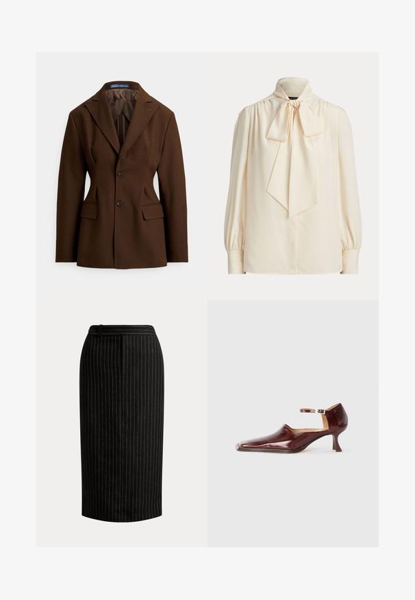 Brauner, maßgeschneiderter Blazer aus glattem Stoff. Besitzt einen Reverskragen, zwei Knöpfe, Vordertaschen und eine strukturierte Silhouette.; Langärmlige cremefarbene Bluse mit hohem Kragen und großer gebundener Schleife am Hals, mit gerafften Schultern und Ärmel mit Manschetten.; Schwarzer knielanger Bleistiftrock mit dünnen weißen vertikalen Nadelstreifen und einem taillierten Bund mit Knopfleiste.; Burgunderfarbenes Lackleder-Schuhwerk mit einer spitzen Zehe, Knöchelriemen und einem 5 cm hohen, konisch zulaufenden Absatz. Glatte Textur und minimalistisches Design.