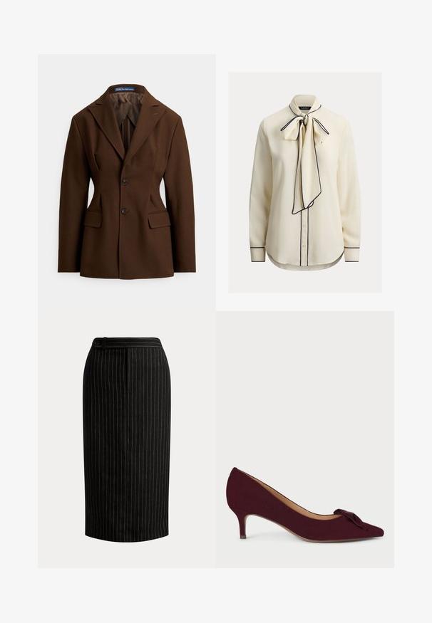 Blazer marrón a medida, confeccionado en tela suave. Cuenta con un cuello solapa con muesca, dos botones, bolsillos delanteros y una silueta estructurada.; Blusa color crema con cuello de lazo, ribete azul marino, mangas largas, cierre de botones y textura suave de la tela. Corte entallado y dobladillo curvo.; Falda lápiz negra hasta la rodilla con delgadas rayas verticales blancas y detalle en la cintura con botones.; Zapatos de tacón de ante burdeos con punta afilada, tacón pequeño y un lazo anudado en el empeine; textura suave y diseño elegante.