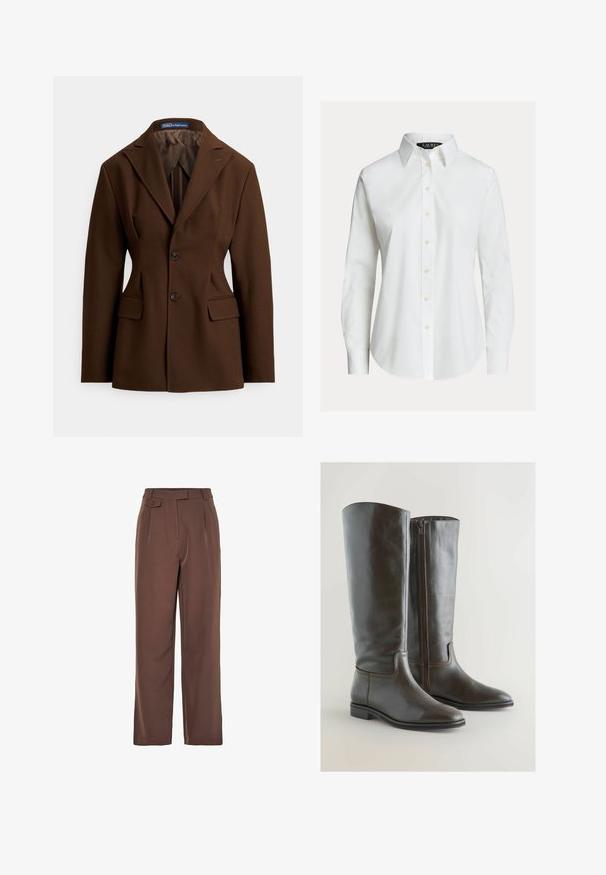 Blazer marrón a medida, confeccionado en tela suave. Cuenta con un cuello solapa con muesca, dos botones, bolsillos delanteros y una silueta estructurada.; Camisa blanca de manga larga con botones en el frente, cuello puntiagudo y dobladillo ligeramente curvado.; Pantalones de pierna ancha tejidos en marrón con una cinturilla alta, pliegues en la parte frontal y un detalle de botón. Textura suave con un diseño a medida.; Botas altas de cuero marrón con un diseño elegante, punteras puntiagudas y cremallera lateral. Tacón plano y detalles de costura sutiles acentúan el estilo.