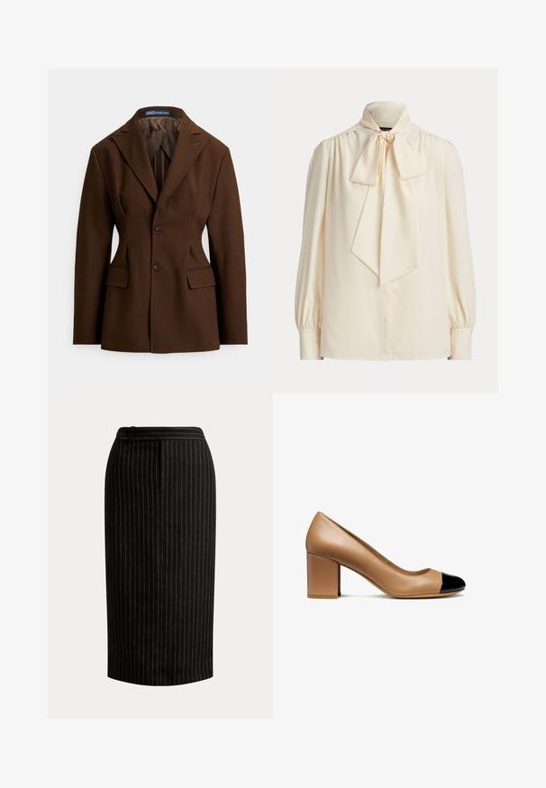 Bruin op maat gemaakt colbert van gladde stof. Voorzien van een reverskraag met inkeping, twee knopen, voorzakken en een gestructureerde silhouet.; Crèmekleurige blouse met lange mouwen, hoge kraag en grote gestrikte strik aan de hals, met geplooide schouders en knoopmanchetten.; Zwarte kokerrok tot op de knie met dunne verticale witte speldenstrepen en een tailleband met knoopdetail.; Beige leren pump met een ronde teen en een zwarte lakkap, voorzien van een blokhak en een gladde textuur.
