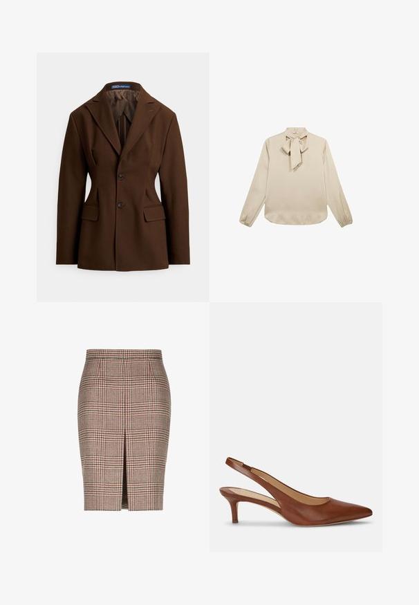 Blazer marrón a medida, confeccionado en tela suave. Cuenta con un cuello solapa con muesca, dos botones, bolsillos delanteros y una silueta estructurada.; Blusa de manga larga color beige con un detalle de lazo en el escote, textura suave y puños fruncidos, con un dobladillo redondeado.; Luisa Spagnoli FORMA - Falda de tubo - ruggine; Zapato de mujer tipo slingback de cuero marrón con punta punteada y tacón bajo tipo kitten sobre fondo blanco.
