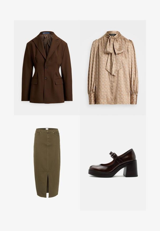 Brun skræddersyet blazer lavet af glat stof. Har en reverskrave, to knapper, forlommer og en struktureret silhuet.; Bluse i lyse beige stof med geometrisk mønster i creme og guld. Har en sløjfekrave og samlede lange ærmer.; Olivengrøn denimnederdel, knælængde med en frontal slids, bæltesløjfer og to forlommer, med diskrete stikninger.; Mørkebrun laklæder Mary Jane-sko med tyk høj hæl og justerbar rem med spænde på lys grå baggrund.