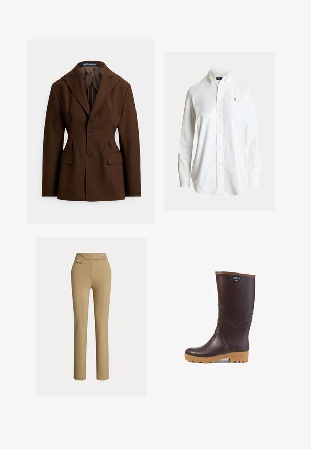 Brauner, maßgeschneiderter Blazer aus glattem Stoff. Besitzt einen Reverskragen, zwei Knöpfe, Vordertaschen und eine strukturierte Silhouette.; Weißes Hemd mit langen Ärmeln, Knopfleiste, Knopfkragen und kleinem, gesticktem Polo-Spieler-Logo auf der linken Brust.; Beige Slim-Fit-Hosen für Frauen mit hoher Taille, zwei Knöpfen an der Seite und einer kleinen Knopftasche nahe des Bundes.; Dunkelbrauner Gummistiefel bis zur Mitte der Wade mit hellbrauner Sohle, strukturiertem Profil und "AIGLE"-Logo-Patch nahe der Oberseite.
