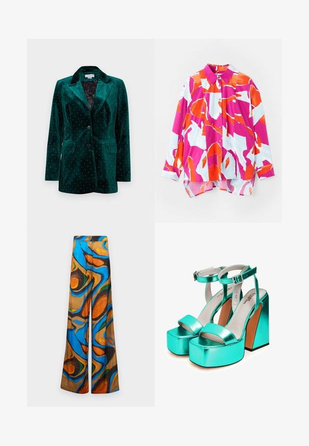 Grøn fløjlsblazer med en hakkrave, to-knaps lukning og forlommer. Har metalnitter i et prikket mønster på overfladen.; Knapp-skjorte med et farverigt abstrakt mønster i pink, orange og lyseblå. Fremstillet af glat stof med krave og lange ærmer.; Bredde benbukser med et multicolor abstrakt mønster i blå, orange og brune nuancer. Fremstillet af et let stof med en glat tekstur.; Turkismetalliske platform sandaler med en kraftig hæl. Har en bred frontstrop og ankelstrop med en dekorativ spænde. Glat tekstur.