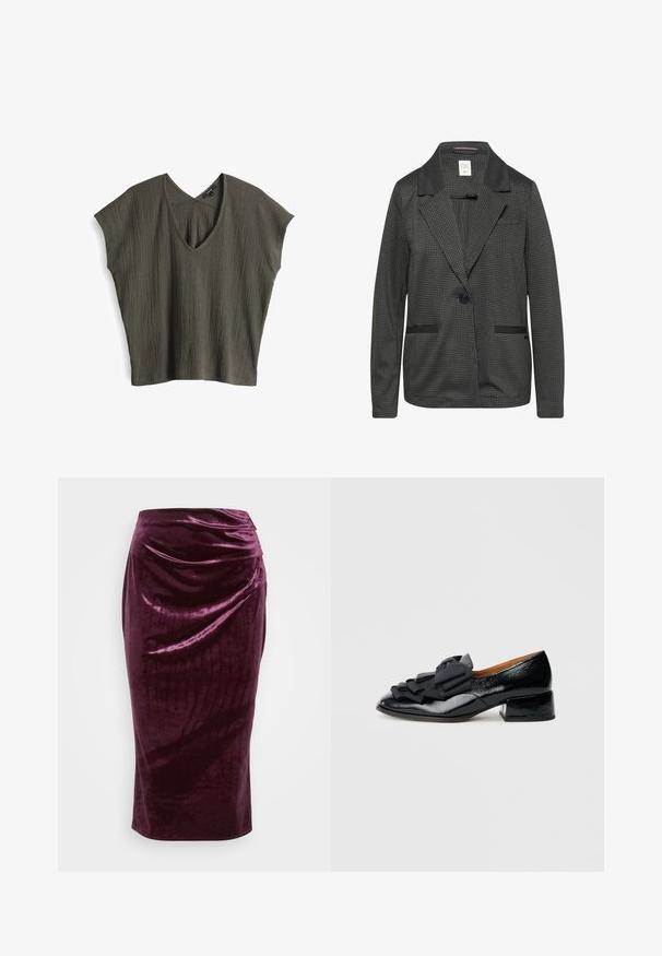 Zwart-witte geblokte blazer met een gelapte kraag, enkele knoopsluiting, twee voorkeurszakken en een soepele textuur.; Olijfgroene, kortmouwtop met een textuur, gekreukt ontwerp en een V-hals. Lichte stof met een losse, relaxte pasvorm.; Bordeaux fluwelen kokerrok met een gedrapeerd ontwerp en een soepele textuur; heeft een hoge taille en een taps toelopend silhouet, eindigend op kniehoogte.; Zwarte lakleren schoen met een afgeronde neus, voorzien van een opvallende zwarte stoffen strik en een lage blokhiel.