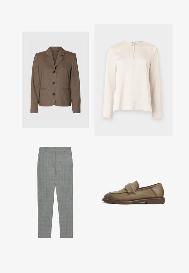 Brun skræddersyet blazer med hakkede revers, tre sorte knapper foran og to paspel lommer, vist mod en ensfarvet baggrund.; Cremefarvet bluse med lange ærmer, rund halsudskæring, frontplissering og skjult lynlås bagpå. Glat, silkeblød tekstur.; Grå ternede tapered bukser med bæltestropper og flad front, designet til en skræddersyet pasform.; Brune læder loafers med en blød tekstur, der har et bredt strop over vristen og en lav, flad gummisål. Rent, understated design.