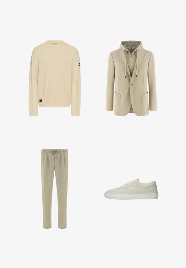 Blazer beige avec capuche beige attachée, avec cordons de serrage et fermeture éclair devant, deux poches plaquées à l'avant, et fermeture par boutons.; Pull en tricot beige clair avec des manches longues, un col rond, un tissu texturé et un petit patch logo noir sur la manche gauche.; Pantalon décontracté beige avec taille élastique et cordon de serrage, coupe droite, plis avant et poches latérales.; Baskets basses en daim écru avec lacets blancs et semelle en caoutchouc blanche épaisse, détail du logo sur le côté et design minimaliste avec peu de coutures.