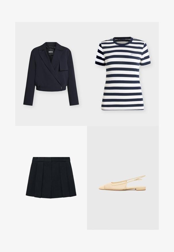 Marineblauwe cropped blazer met brede revers, asymmetrische sluiting aan de voorkant, lange mouwen en een decoratief stoffen klepje op de rechterborst.; Zwart-wit gestreept T-shirt met korte mouwen en een ronde hals, met een klein geborduurd logo op de voorkant bij de borst.; Zwarte geplooide rok van een stof met een gladde textuur. Beschikt over een gestructureerde tailleband en meerdere verticale plooien voor definitie.; Slingback ballerina in lichtbeige met een mesh bovenwerk, spitse neus en een lage hak. Voorzien van een verstelbare band voor een goede pasvorm.