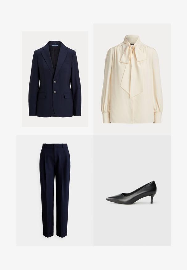 Blazer azul marino para hombre con solapas con muesca, dos botones, bolsillos con solapa y un bolsillo en el pecho, marca Polo de Ralph Lauren.; Blusa cremosa de manga larga con cuello alto y un gran lazo atado en el cuello, con hombros fruncidos y mangas con puños.; Pantalones azul marino a medida con un delantero plano, pliegues laterales y bajos con puños. Hechos de una tela lisa con un diseño estructurado.; Zapato de tacón puntiagudo de cuero negro con un tacón bajo en forma de cono, textura suave y un corte bajo en la parte superior para mayor visibilidad del pie.