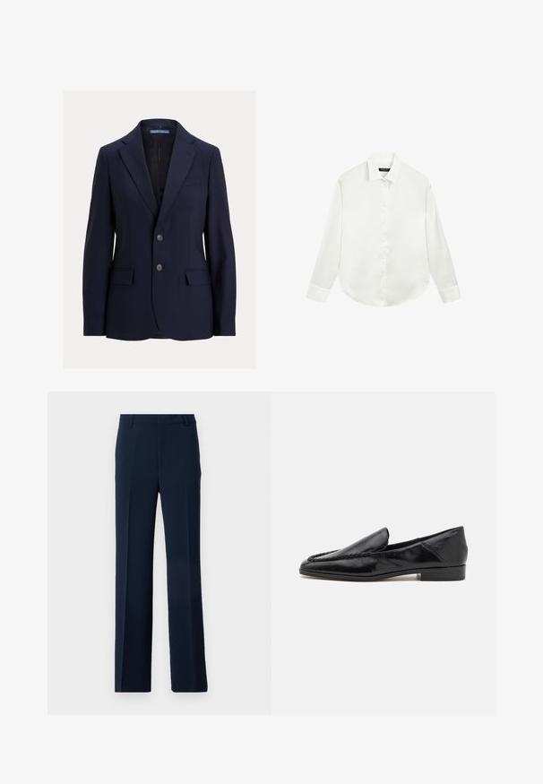 Marineblauer Herrenblazer mit Kerbkragen, zwei Knöpfen, Klappentaschen und einer Brustleistentasche, Marke Polo von Ralph Lauren.; Weißes Hemd mit langen Ärmeln, Kragen und Manschetten, flach ausgebreitet mit zugeknöpften Knöpfen in der vorderen Mitte.; Marineblaue Hose aus glattem Stoff, mit einem geraden Bein-Design, Vorderfalten und Seitentaschen für einen maßgeschneiderten Look.; Schwarze Lederloafers mit glatter Oberfläche, die ein gesticktes Design entlang der vorderen Kante und einen niedrigen, quadratischen Absatz aufweisen.