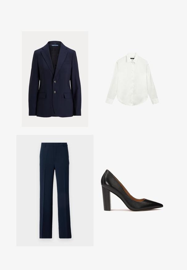 Navyblå herreblazer med notch-kraver, to knapper, lommer med klap og en brystlomme, mærket Polo af Ralph Lauren.; Hvid skjorte med lange ærmer, krave og manchetter, lagt fladt ud med knapperne fastgjort i midten foran.; Mørkeblå bukser lavet af glat stof, med et lige ben design og frontfolder samt sidelommer for et skræddersyet look.; Sorte læder højhælede pumps med spids tå, tekstureret overflade og en kraftig blokhæl. Enkel design med en glat indvendig foring.