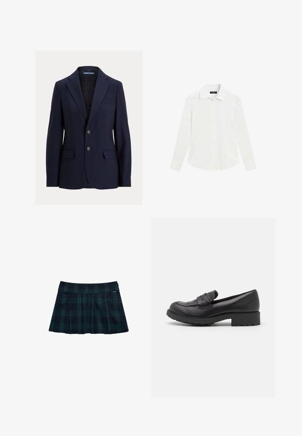 Navyblå herreblazer med notch-kraver, to knapper, lommer med klap og en brystlomme, mærket Polo af Ralph Lauren.; Hvid langærmet skjorte med krave og manchetter, vist fladt på en hvid baggrund.; Rynket nederdel med tern i mørkegrøn og marineblå med en glat talje og logo-accent. Har et klassisk, lagdelt rynkedesign.; Sorte læder loafers med rund tå, to dekorative remme over vristen og en tyk gummisål med skridsikre mønstre.