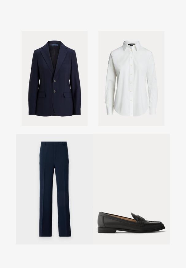Blazer bleu marine pour homme avec revers crantés, deux boutons, poches à rabat et une poche poitrine passepoilée, étiquette Polo par Ralph Lauren.; Chemise blanche à manches longues avec col pointu, boutons sur le devant et ourlet légèrement incurvé.; Pantalons bleu marine en tissu lisse, présentant un design à jambe droite avec des plis avant et des poches latérales pour une allure soignée.; Mocassin en cuir noir pour femme avec un petit talon, bout arrondi et détails cousus sur la tige, vu de profil sur un fond uni.