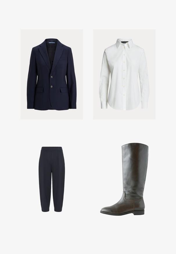 Marineblauwe herenblazer met inkepingskraag, twee knopen, klepzakken en een borstpaspelzak, gelabeld Polo van Ralph Lauren.; Witte overhemd met lange mouwen, knopen aan de voorkant, puntige kraag en licht gebogen zoom.; Oceaanblauwe tapered broek met een elastische tailleband, voorzien van middelste plooien, een gladde textuur en een lengte tot de enkel.; Bruine leren kniehoge laars met een gladde textuur, ronde neus en minimale stikdetails. De zool is plat met een lage hak.