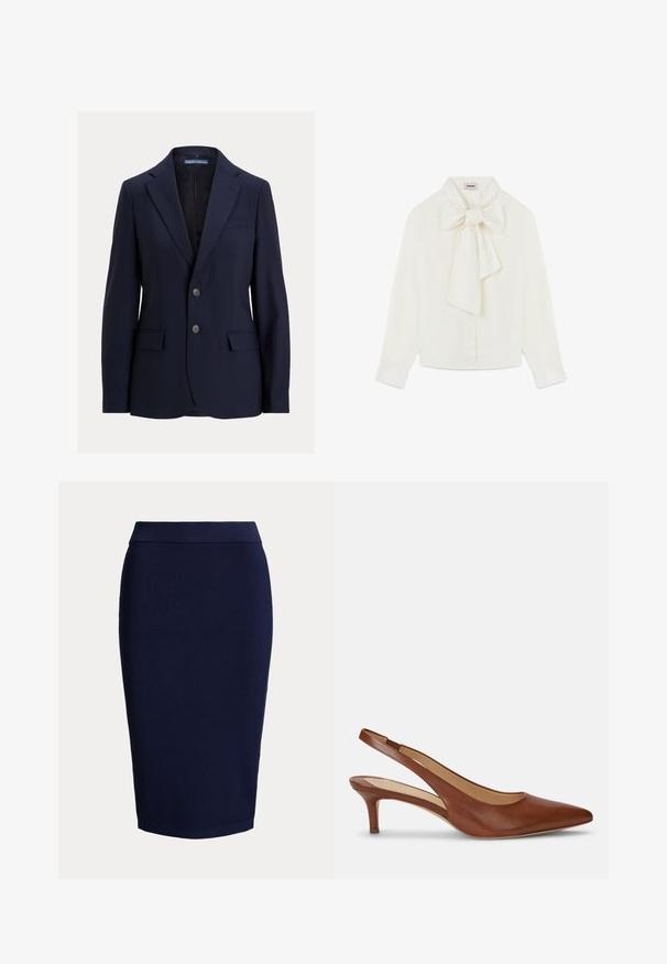 Marineblauer Herrenblazer mit Kerbkragen, zwei Knöpfen, Klappentaschen und einer Brustleistentasche, Marke Polo von Ralph Lauren.; Rodier TIE NECK - Hemdbluse - blanc; Marineblauer, gerippter Strick-Bleistiftrock mit figurbetonter Silhouette und mittellangem Saum.; Brauner Leder-Damenslingback mit spitzer Schuhspitze und niedrigem Kittenabsatz auf weißem Hintergrund.