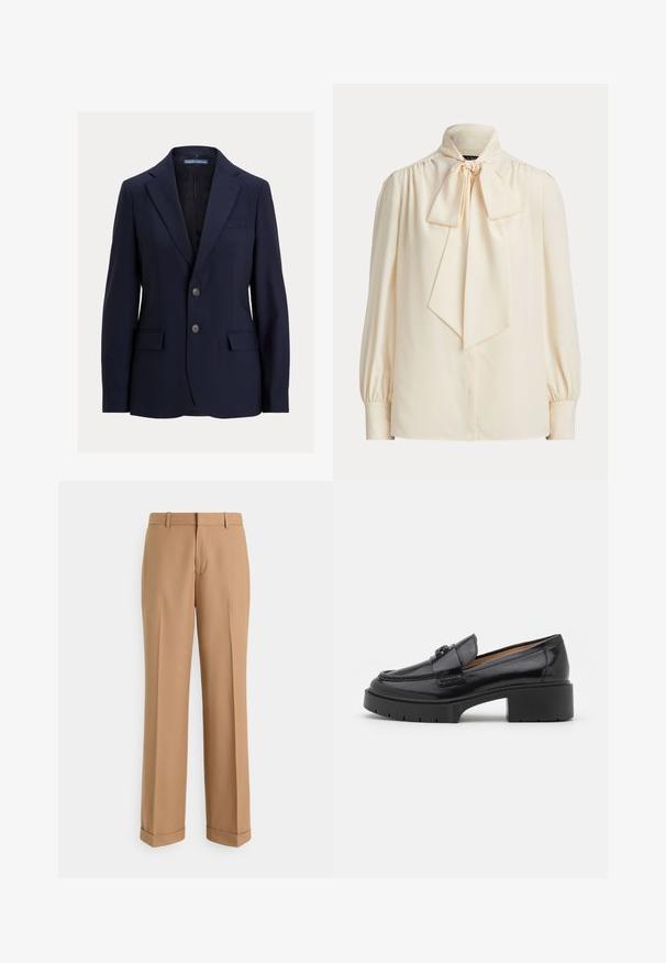 Marineblauer Herrenblazer mit Kerbkragen, zwei Knöpfen, Klappentaschen und einer Brustleistentasche, Marke Polo von Ralph Lauren.; Cremefarbene Langarmbluse mit hohem Kragen und großer gebundener Schleife am Hals, mit gerafften Schultern und geknöpften Manschetten.; Beige, maßgeschneiderte Hose aus glattem Stoff, mit geradem Bein, Bügelfalten und einem umgeschlagenen Saum für einen gepflegten Look.; Schwarze Lederloafer mit niedrigem Blockabsatz, runder Zehenform, dekorativem Riemen und strukturiertem Steppdetail im Obermaterial. Glatte Oberfläche.