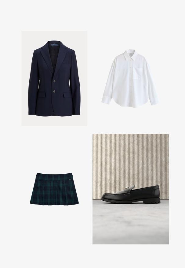 Marineblauwe herenblazer met inkepingskraag, twee knopen, klepzakken en een borstpaspelzak, gelabeld Polo van Ralph Lauren.; Wit overhemd met lange mouwen, knoopsluiting, spitse kraag en één borstzakje, getoond op een effen witte achtergrond.; Geruite geplooide rok in donkergroen en marineblauw met een gladde tailleband en logodetail. Heeft een klassiek, gelaagd plooidesign.; Zwarte leren loafers met een verhoogde naad, gouden accentlogo en gestructureerde band. Voorzien van een dikke, duurzame rubberen zool.