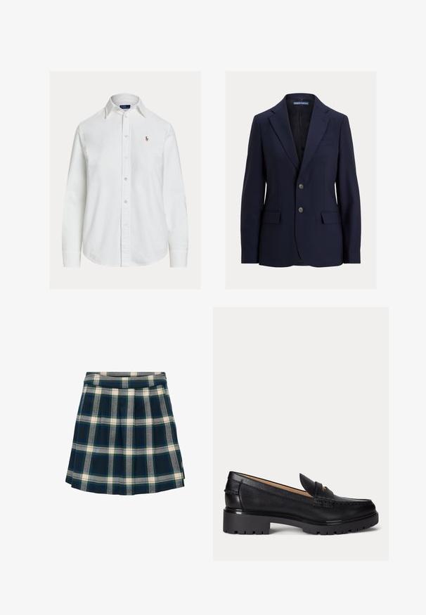 Tmavomodré pánske sako s výrezovými klopami, dvoma gombíkmi, vreckami s chlopňami a náprsným vreckom, značky Polo od Ralph Lauren.; Biela košeľa s dlhými rukávmi na gombíky, golierom a malým vyšívaným logom na ľavej strane hrude, zobrazená na jednoduchom pozadí.; Károvaná sukňa v námorníckej modrej, zelenej a krémovej farbe; plisovaný dizajn s hladkým pásom, vyrobená z látky, ktorá vyzerá jemná a textúrovaná.; Čierny kožený mokasín s hrubou profilovou podrážkou, nízkym podpätkom a dekoratívnym remienkom vpredu.