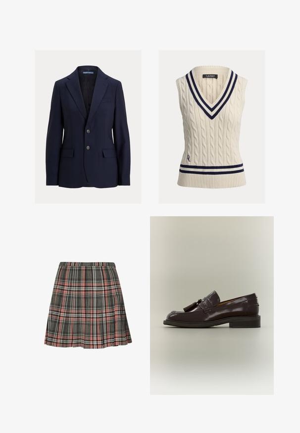 Navyblå herreblazer med notch-kraver, to knapper, lommer med klap og en brystlomme, mærket Polo af Ralph Lauren.; Ærmeløs sweater i kabelstrik i cremefarve med dyb V-udskæring. Har navy- og hvide stribede kanter ved halsudskæringen og kanten, med logodetalje.; Rutnederdel i grå og pink med plisseret design og sorte og hvide accenter. Fremstillet af vævet stof, midt på låret længde.; Mørkebrun læderloafer med frynser, lav hæl og synet sål, vist fra siden på en neutral baggrund.
