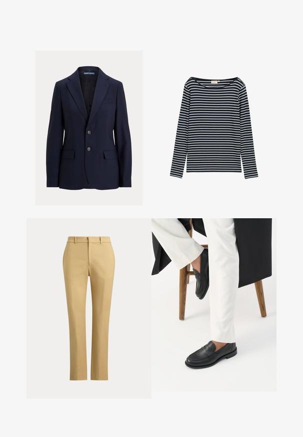 Tumesinine meeste bleiser sälgkraega, kahe nööbi, klapiga taskute ja rinnataskuga, bränd Polo by Ralph Lauren.; Tumesinine pika varrukaga särk valgete horisontaalsete triipudega ja lai ümar kaelus.; Beežid sirgete säärega püksid vööaasadega, esikäiguga ja lihtsa vöökohaga ühevärvilisel taustal.; Inimene, kes kannab musti nahast loafereid ja valgeid pükse, istub puidust pingi peal valge tausta ees.