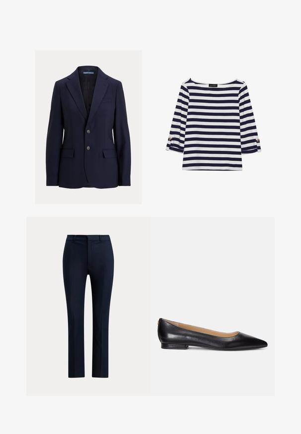 Blazer azul marino para hombre con solapas con muesca, dos botones, bolsillos con solapa y un bolsillo en el pecho, marca Polo de Ralph Lauren.; Camiseta de manga larga a rayas en azul marino y blanco, con escote barco y acentos de botones dorados en las mangas enrolladas. Tejido suave y corte relajado.; Pantalones rectos a medida de color azul marino oscuro con trabillas para cinturón y cierre delantero con cremallera sobre fondo blanco.; Bailarinas de cuero negro con punta afilada, tacón bajo y un acento dorado en el tacón. Textura suave con una silueta clásica.