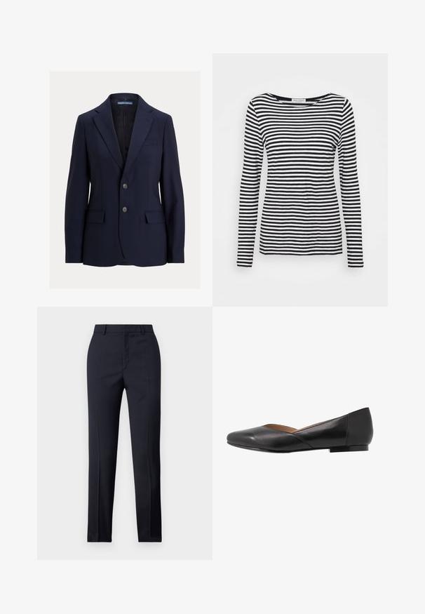 Blazer bleu marine pour homme avec revers crantés, deux boutons, poches à rabat et une poche poitrine passepoilée, étiquette Polo par Ralph Lauren.; T-shirt à manches longues et col rond affichant un motif rayé noir et blanc. Fabriqué en tissu doux avec une coupe régulière. Design épuré et minimal.; Pantalons ajustés bleu marine avec une coupe droite, présentant une texture lisse, deux poches avant et une taille épurée.; Chaussure plate en cuir noir avec un bout pointu, un talon bas et un design supérieur légèrement ouvert. Texture lisse avec des détails de couture minimalistes.