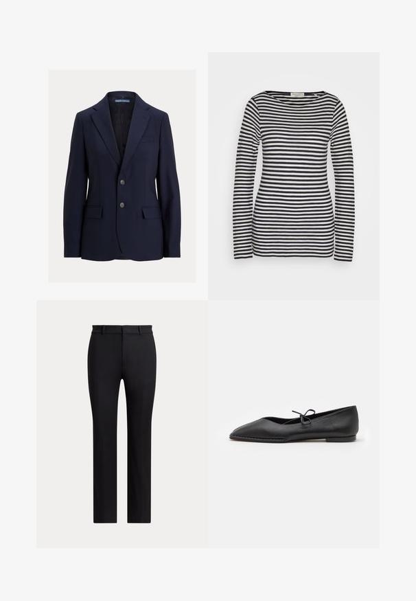 Blazer bleu marine pour homme avec revers crantés, deux boutons, poches à rabat et une poche poitrine passepoilée, étiquette Polo par Ralph Lauren.; Haut à manches longues en coton, avec des rayures horizontales bleu marine et blanches, col rond, coupe ajustée, texture lisse et design minimaliste.; Pantalon noir cintré à jambes droites avec passants pour ceinture et fermeture à l'avant, présenté sur un fond clair uni.; ALOHAS SWAY - Ballerines - black