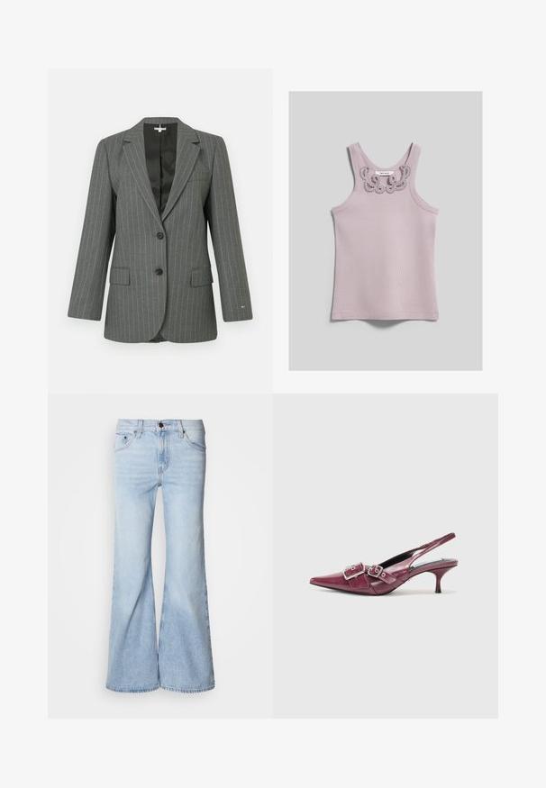 Blazer gris a rayas con solapa muesca, cierre de dos botones y dos bolsillos delanteros. Interior forrado y hombros ligeramente acolchados para mayor estructura.; Camiseta sin mangas acanalada de color lavanda con escote redondo y detalle decorativo de encaje a lo largo del escote sobre fondo neutro.; Jeans acampanados azul claro, con cintura alta, tejido vaquero, cinco bolsillos y cierre de botón. Las piernas son anchas y tienen un acabado ligeramente descolorido.; Zapato de charol burdeos tipo slingback con puntera afilada, tacón pequeño y acentos de doble hebilla. Textura lisa con detalles de costura.