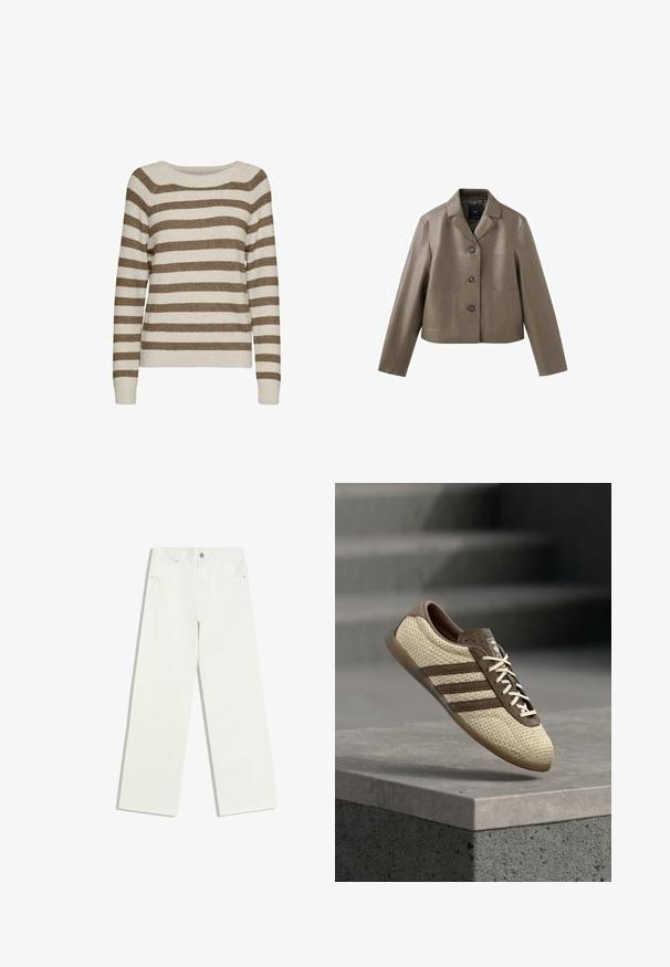 Taupekleurige cropped jas van nepleer met drie knopen, een ingesneden kraag en twee opgestikte zakken aan de voorkant, plat uitgestald op een witte achtergrond.; Vero Moda VMDOFFY LS O-NECK BLOUSE NOOS - Trui - birch; Witte jeans met hoge taille en rechte pijpen, met voorzakken en een knoopsluiting op een witte achtergrond.; Beige en bruin geweven sneaker met drie strepen en witte veters, zwevend boven een betonnen rand met trappen op de achtergrond.