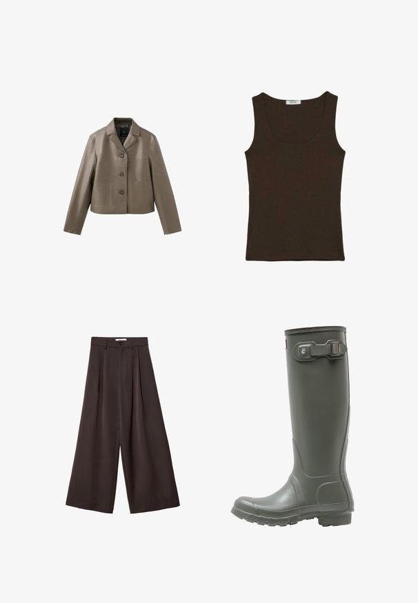 Taupe-farbene, kurze Jacke aus Kunstleder mit drei Knöpfen, Reverskragen und zwei aufgesetzten Fronttaschen, flach auf weißem Hintergrund ausgelegt.; Ärmelloses dunkelbraunes geripptes Tanktop mit Rundhalsausschnitt, flach liegend ohne Muster oder zusätzliche Details dargestellt.; Braune Hosen mit weitem Bein, Falten, Gürtelschlaufen, Knopfverschluss und tailliertem Bund, auf weißem Hintergrund präsentiert.; Grüne Gummiregenstiefel bis zum Knie mit strukturiertem Sohlenprofil, runder Zehenform, verstellbarem Schnallenverschluss an der Seite und glatter Oberfläche.