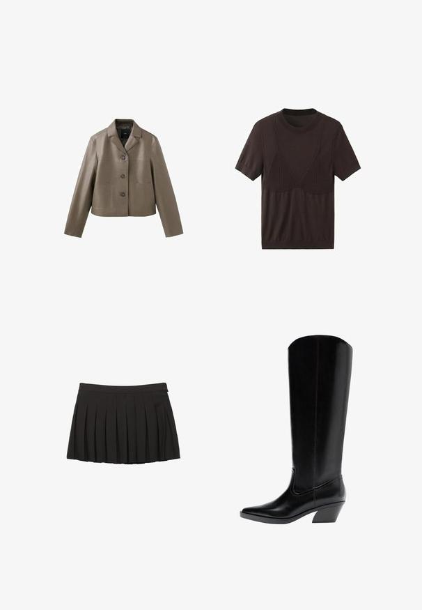 Taupe cropped jakke i imiteret læder med tre knapper, hakket krave og to forlommer, vist fladt på hvid baggrund.; Kortærmet mørkebrun strikbluse med rund hals og struktureret ribbet detalje, der ligner en bh-form på brystet.; Sort plisseret mininederdel med taljebånd og lynlås i siden, vist på en hvid baggrund.; Høj sort western-støvle i læder med spids tå og skråt blokhæl, vendt mod venstre på hvid baggrund.