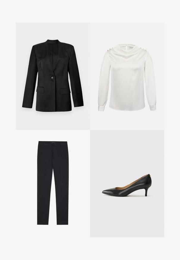 Blazer noir avec une fermeture à un bouton, des revers crantés et deux poches avant. Fabriqué en tissu lisse avec une silhouette structurée.; Blouse blanche à manches longues avec col bénitier haut et boutons dorés le long des coutures des épaules, en tissu texturé.; Pantalons formels noirs slim fit avec passants de ceinture et poches avant, conçus pour un look professionnel et ajusté.; Pompe noire en cuir avec un embout pointu, un petit talon et une texture lisse. Présente une légère ouverture à l'avant et un matériel minimal à l'arrière.