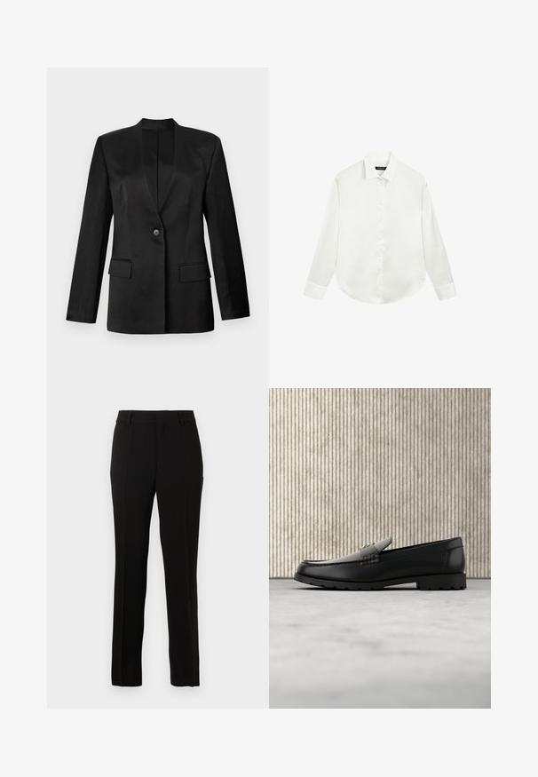 Zwarte blazer met een enkele knoopsluiting, gekartelde revers en twee voorzakken. Gemaakt van gladde stof met een gestructureerde silhoutte.; Witte blouse met lange mouwen, kraag en manchetten, plat gelegd met de knopen dicht aan de voorkant in het midden.; Zwarte op maat gemaakte pantalon van een gladde stof, met een rechte snit, plooien, riemlussen en een rits om te sluiten.; Zwarte leren loafers met een verhoogde naad, gouden accentlogo en gestructureerde band. Voorzien van een dikke, duurzame rubberen zool.