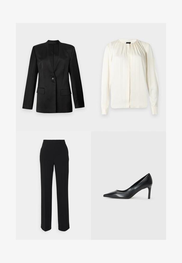 Schwarzer Blazer mit einem einzelnen Knopfverschluss, Reverskragen und zwei vorderen Taschen. Aus glattem Stoff mit strukturierter Silhouette gefertigt.; Langärmlige Bluse aus cremefarbener Seide. Mit Rundhalsausschnitt, sanften Falten an den Schultern und geknöpften Manschetten. Glatte Textur und minimalistisches Design.; Schwarze, gerade geschnittene Hosen mit glatter Textur. Verfügt über einen Bund und keine sichtbaren Muster oder Akzente. Klassisches und maßgeschneidertes Design.; Schwarze Leder-Pumps mit spitzem Zehenbereich und schmalem Absatz, glatter Textur und ohne sichtbare Verzierungen. Sauberes Design mit minimalistischem Ästhetik.