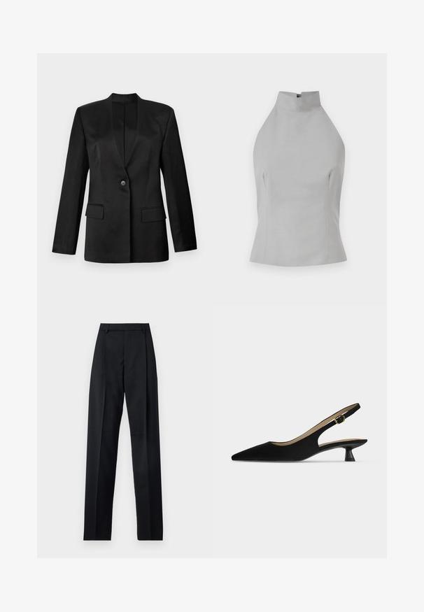 Black blazer with a single button closure, notched lapels, and two front pockets. Made of smooth fabric with a structured silhouette.; Gray halter top with a high neckline, tailored fit, smooth texture, and seam detailing on the sides. No visible fastenings.; Black trousers made from smooth fabric featuring a high waist, wide legs, front pleats, and classic belt loops. No side pockets visible.; Black pointed-toe slingback shoe with a low kitten heel and gold buckle strap, shown in profile on a plain light background.