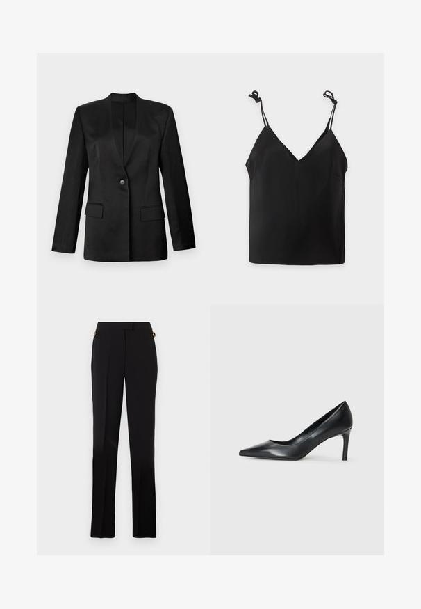 Schwarzer Blazer mit einem einzelnen Knopfverschluss, Reverskragen und zwei vorderen Taschen. Aus glattem Stoff mit strukturierter Silhouette gefertigt.; Schwarzes ärmelloses Camisole-Top mit dünnen, verstellbaren Trägern, die zu Schleifen gebunden sind, auf einem schlichten hellen Hintergrund.; Schwarze Hose mit geradem Bein, seitlichen Taschen und goldfarbenen Akzenten an der Taillendetailierung. Glatte Textur.; Schwarze Leder-Pumps mit spitzem Zehenbereich und schmalem Absatz, glatter Textur und ohne sichtbare Verzierungen. Sauberes Design mit minimalistischem Ästhetik.