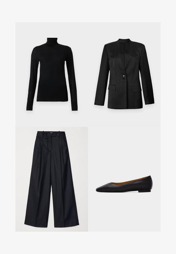 Sort blazer med enkelt knaplukning, v-snit krave og to frontlommere. Lavet af glat stof med en struktureret silhuet.; Sort turtleneck sweater lavet af blødt, letvægtsmateriale. Har lange ærmer og en tætsiddende stil med høj krave.; Sorte breddebenede bukser lavet af glat stof, med høj talje, læg og skræddersyet design. Enkel sort hardware i talje.; Sort læder flad sko med spids tå, lav hæl og glat finish, vist fra siden på en lysegrå baggrund.
