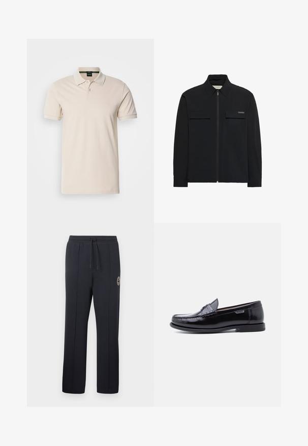 Zwarte overhemdjas met lange mouwen, een rits aan de voorkant, een spitse kraag, twee borstzakken met kleppen en klein Calvin Klein-logo op de rechterborstzak.; Crème-kleurig polo shirt gemaakt van katoen. Beschikt over een klassieke kraag, een drie-knopen sluiting, korte mouwen en een geborduurd logo op de borst.; Zwarte joggingbroek van zachte stof, met een tailleband met trekkoord, zijplooien en een cirkelvormig logo op de linker dij.; Zwarte leren loafers met een glanzende afwerking, voorzien van een gestikt ontwerp op de neus en een lage, zwarte rubberen zool met structuur.