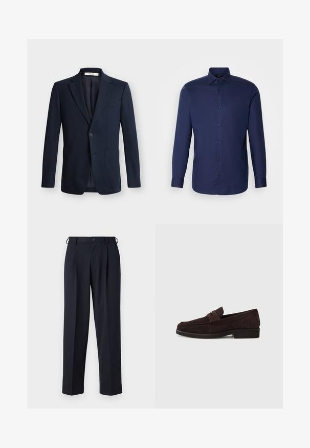 Donkerblauw herenenkelsluiting blazer met opliggende revers, één knoopsluiting en twee opgestikte voorzakken op een effen achtergrond.; Donkerblauwe lange mouwen button-up shirt van een gladde stof, met een klassieke kraag, knopen aan de voorkant en een ronde zoom.; Donkerblauwe op maat gemaakte broek met knoop- en ritsluiting aan de voorkant, riemlussen en zijzakken, getoond op een witte achtergrond.; Bruine suède loafers met een lage profiel en ronde neus. Heeft een decoratieve band over de bovenkant, een platte rubberen zool en geen zichtbare stiksels.