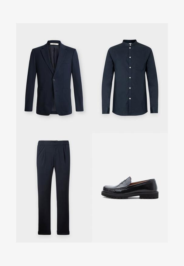 Dunkelblauer Herren-Blazer mit Einreiher, angesetztem Revers, einem Knopf zum Schließen und zwei aufgesetzten Vordertaschen auf einfarbigem Hintergrund.; Dunkelblaues Herren-Langarmhemd aus Baumwolle mit Stehkragen, vorderen Knöpfen und einer linken Brusttasche. Glatte Struktur.; Dunkelblaue Hose aus weichem Stoff, mit elastischem Bund, Falten an der Vorderseite und umgeschlagenen Säumen. Glatte Textur, minimalistisches Design.; Schwarze Leder-Penny-Loafer mit strapazierfähiger Gummisohle und Mokassin-Stich, seitlich auf einem weißen Hintergrund dargestellt.