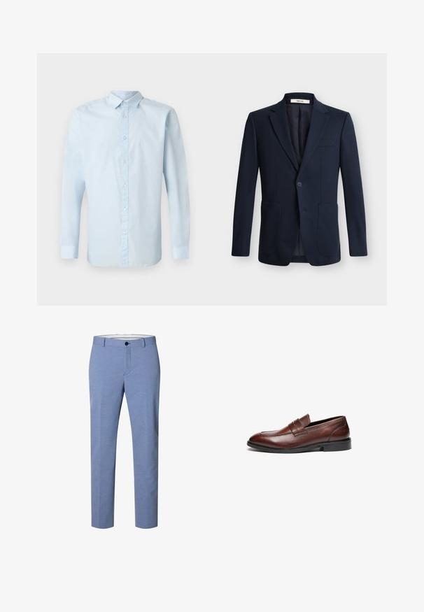 Dunkelblauer Herren-Blazer mit Einreiher, angesetztem Revers, einem Knopf zum Schließen und zwei aufgesetzten Vordertaschen auf einfarbigem Hintergrund.; Helles blaues Langarmhemd aus glattem Stoff, mit durchgehender Knopfleiste, klassischem Kragen und geknöpften Manschetten.; Hellblaue, maßgeschneiderte Herrenhosen mit Knopf- und Reißverschluss, Gürtelschlaufen und Slim-Fit-Design.; Braune Lederloafer mit glatter Oberfläche, abgerundeter Spitze, dekorativem Riemen und schwarzer Gummisohle. Merkmale sind minimale Nähte.