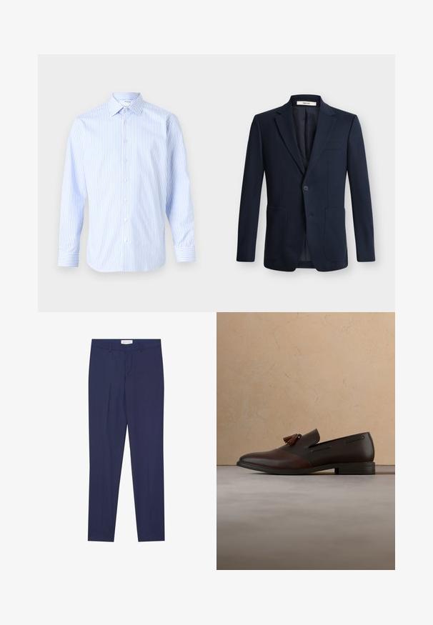 Donkerblauw herenenkelsluiting blazer met opliggende revers, één knoopsluiting en twee opgestikte voorzakken op een effen achtergrond.; Lichtblauw en witte gestreepte langhouthals-shirt met een klassieke kraag, knopen aan de voorkant en manchetten, gemaakt van een gladde stof.; Marineblauwe dresspants van gladde stof, met een flat front, twee zijzakken, een ritsgulp en een schone zoom zonder patronen of accenten.; Donkerbruine leren loafer met kwastjes die boven een beige geweven kleed zweeft, met een ronde houten tafel en gestapelde boeken op de achtergrond.