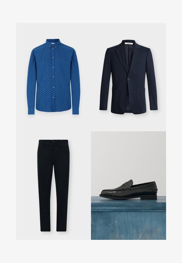 Blazer homme bleu marine foncé, à simple boutonnage, avec revers crantés, une fermeture à un bouton et deux poches plaquées devant sur fond uni.; Chemise à manches longues avec boutons, en tissu bleu orné de motifs carrés blancs, dotée d'un col classique et de boutons métalliques sur le devant.; Pantalon slim noir avec passants de ceinture, bouton devant et fermeture éclair, présenté à plat sur un fond gris clair.; Mocassins noirs en cuir avec un design élégant, comportant un bout cousu et une finition lisse. La chaussure possède un talon bas et un minimum de détails.