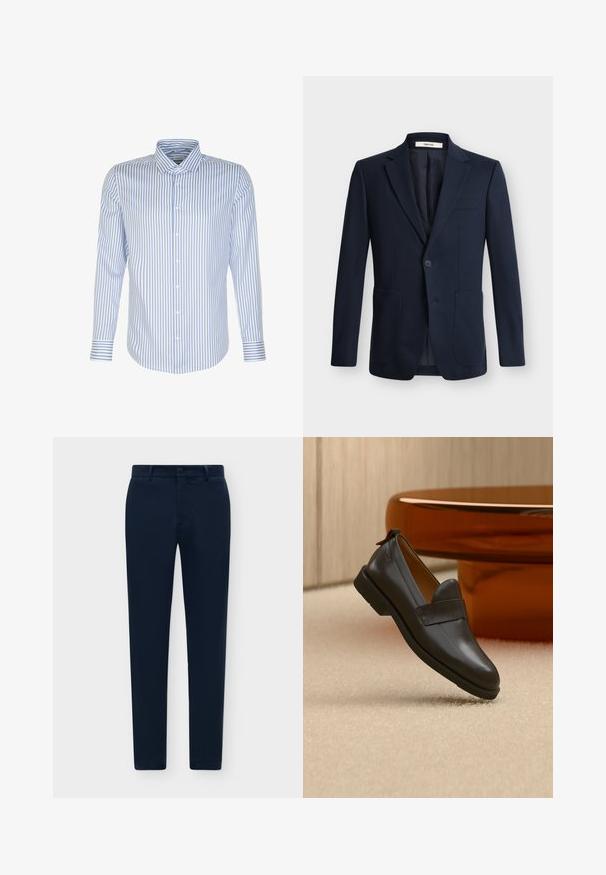 Donkerblauw herenenkelsluiting blazer met opliggende revers, één knoopsluiting en twee opgestikte voorzakken op een effen achtergrond.; Heren overhemd met lange mouwen, lichtblauwe en witte strepen, knoopsluiting aan de voorkant, klassieke kraag, katoen stof, soepele textuur, gebogen zoom.; Marineblauwe slim-fit broek met riemlussen, knoopsluiting en effen voorkant, plat uitgestald op een witte achtergrond.; Zwarte leren loafer met lage hak zwevend boven een beige tapijt, naast een glanzende amberkleurige tafel in een minimalistische kamer.