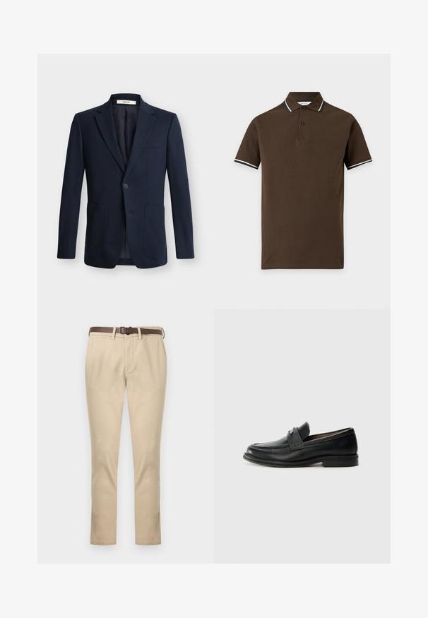 Blazer homme bleu marine foncé, à simple boutonnage, avec revers crantés, une fermeture à un bouton et deux poches plaquées devant sur fond uni.; Polo marron à manches courtes avec patte à deux boutons et bordure blanche et marine à rayures sur le col et les bords des manches.; Pantalon beige droit avec poches latérales, passants pour ceinture, braguette zippée et ceinture en cuir marron foncé sur fond blanc uni.; Mocassins en cuir noir avec une finition lisse, dotés d'une bande supérieure texturée, d'un talon bas et de détails de couture minimalistes.