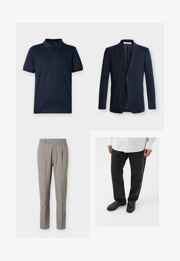 Blazer homme bleu marine foncé, à simple boutonnage, avec revers crantés, une fermeture à un bouton et deux poches plaquées devant sur fond uni.; Polo bleu marine en coton, présentant un motif texturé, une patte de boutonnage à trois boutons et des manches courtes. Tissu lisse et respirant.; Pantalon gris clair sur mesure à jambes droites, passants pour ceinture, plis avant et taille nette sur fond blanc.; Pantalons en denim noir associés à des mocassins noirs brillants. La chemise est blanche avec de fines rayures verticales, avec des manches longues et un col boutonné.