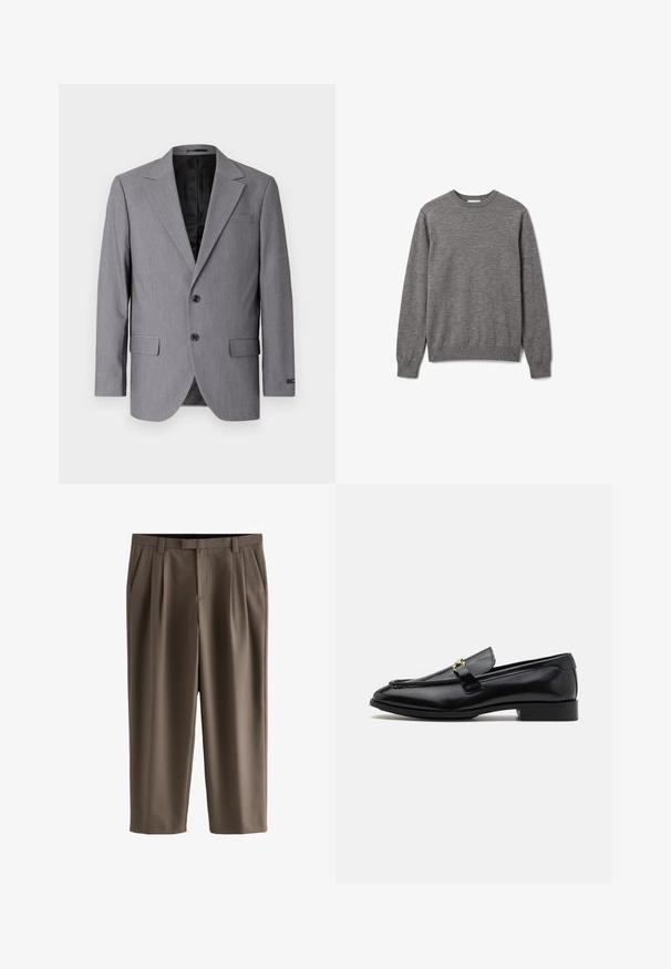 Sivý blazer s hladkou textúrou, jednoradový design, zárezové klopy, dva gombíky a dva bočné vrecká; viditeľné podšívkové vnútro.; Pánsky sivý sveter s dlhým rukávom a okrúhlym výstrihom, s rebrovanými manžetami a lemom, s malým nenápadným logom na ľavej strane hrudníka.; Hnedé krátke nohavice s pútkami na opasok, bočnými vreckami, predným zipsom a skladmi na oboch nohaviciach.; Čierne kožené poltopánky s okrúhlou špičkou, prešívanými detailmi, malým podpätkom a zlatými kovovými prvkami na pásiku. Hladká textúra po celom povrchu.